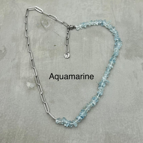 Stainless Steel Half Half Necklace - Aquamarine