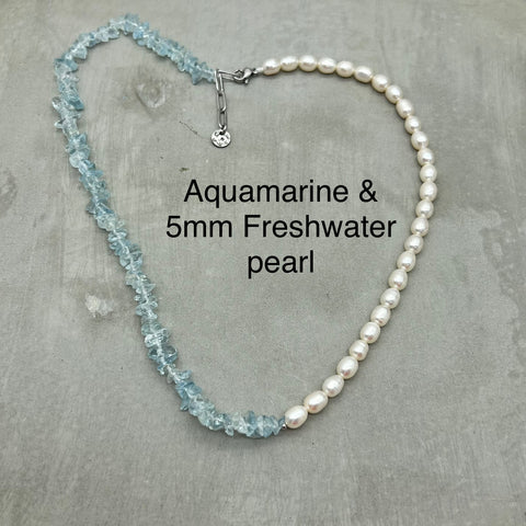Stainless Steel Half Half Necklace - Freshwater Pearl, Aquamarine