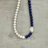 Asymmetric necklace, statement necklace, beaded necklace - Lapis lazuli and Pearl