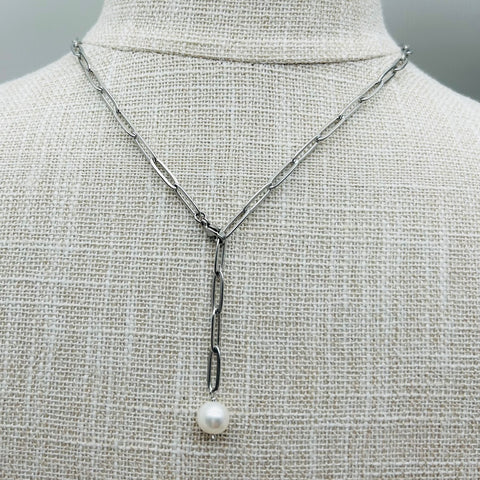 Stainless Steel Necklace - Freshwater Pearl, Y necklace, layering necklace