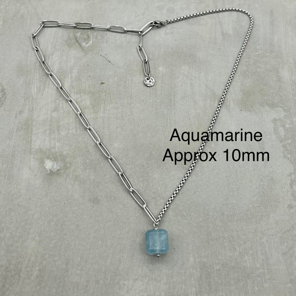 Stainless Steel half half Necklace - Aquamarine