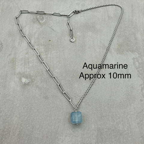 Stainless Steel half half Necklace - Aquamarine