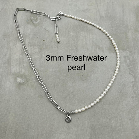 Stainless Steel Half Half Necklace - Dainty Freshwater Pearl,