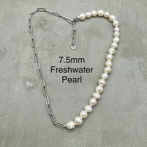 Stainless Steel Half Half Necklace - Freshwater Pearl,