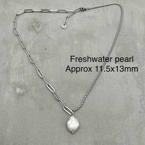 Stainless Steel half half Necklace - Freshwater Pearl