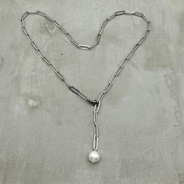 Stainless Steel Necklace - Freshwater Pearl, Y necklace, layering necklace