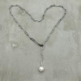 Stainless Steel Necklace - Freshwater Pearl, Y necklace, layering necklace