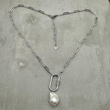 Stainless Steel Necklace - Baroque Freshwater Pearl paperclip chain