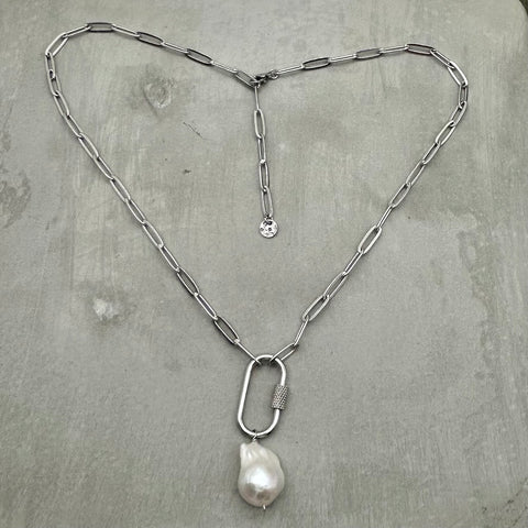 Stainless Steel Necklace - Baroque Freshwater Pearl paperclip chain