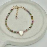 14K Gold Filled Dainty Bracelet - Tourmaline and Freshwater Pearl