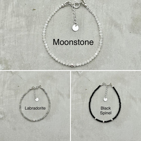 925 Sterling Silver Bracelets - Moonstone, Labradorite, Black spinel