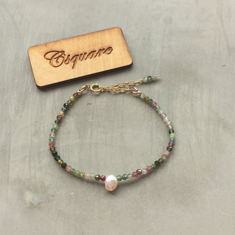 14k Gold Filled Dainty Bracelet - Tourmaline and Pearl