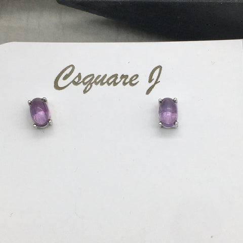 Amethyst stud earrings - Sterling Silver, Oval
