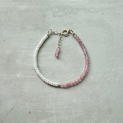 New Pearls - 14K Gold Filled Dainty Bracelet - Iolite, Tourmaline, Strawberry quartz, Spinel