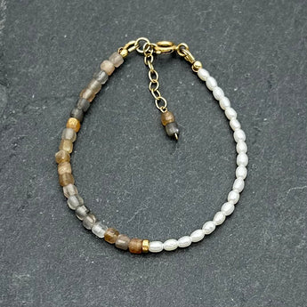 14K Gold Filled Dainty Bracelet - Handcrafted Limited edition Cube Sunstone and Freshwater Pearl