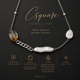 Handcrafted Statement Asymmetrical Pearl & Citrine Necklace, Stainless steel necklace, Citrine and Freshwater Pearl necklace