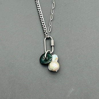Jade & Baroque Pearl Statement Necklace, Carabiner stainless steel necklace, baroque pearl necklace, jade necklace