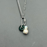 Jade & Baroque Pearl Statement Necklace, Carabiner stainless steel necklace, baroque pearl necklace, jade necklace