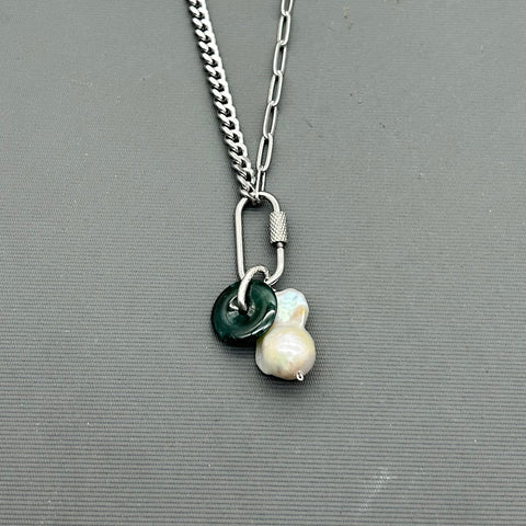 Jade & Baroque Pearl Statement Necklace, Carabiner stainless steel necklace, baroque pearl necklace, jade necklace