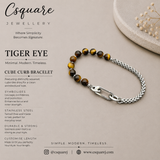 Handcrafted Statement Stainless steel bracelet - 6mm Tiger eye bracelet, Half half bracelet, Cube curb bracelet