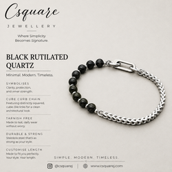 Handcrafted Statement Stainless steel bracelet - Black rutilated quartz bracelet