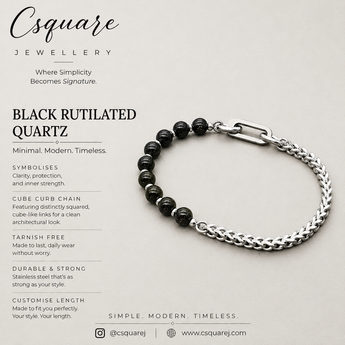 Handcrafted Statement Stainless steel bracelet - Black rutilated quartz bracelet