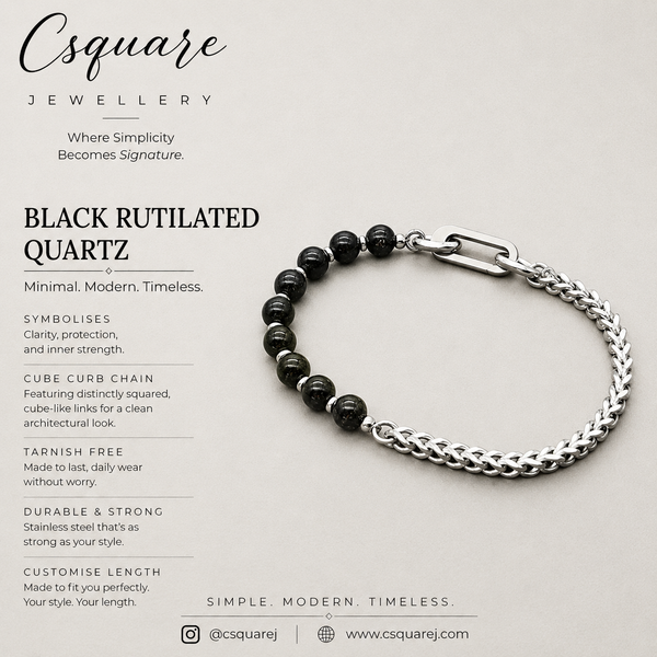 Handcrafted Statement Stainless steel bracelet - Black rutilated quartz bracelet