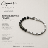 Handcrafted Statement Stainless steel bracelet - Black rutilated quartz bracelet