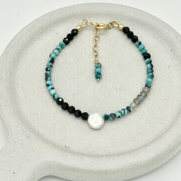14K Gold Filled Dainty Bracelet - Turquoise, Freshwater Pearl, Labradorite & Spinel