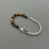 Handcrafted Statement Stainless steel bracelet - 6mm Tiger eye bracelet, Half half bracelet, Cube curb bracelet