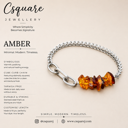 Handcrafted Statement Stainless steel bracelet, Amber bracelet, Amber 9.5mm, Cube curb bracelet