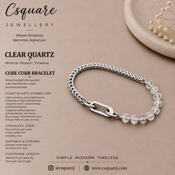 Handcrafted Statement Stainless steel bracelet - 6mm clear quartz bracelet, Half half bracelet, Cube curb bracelet