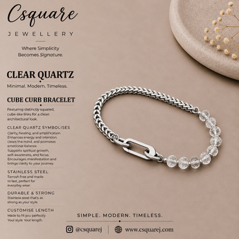Handcrafted Statement Stainless steel bracelet - 6mm clear quartz bracelet, Half half bracelet, Cube curb bracelet