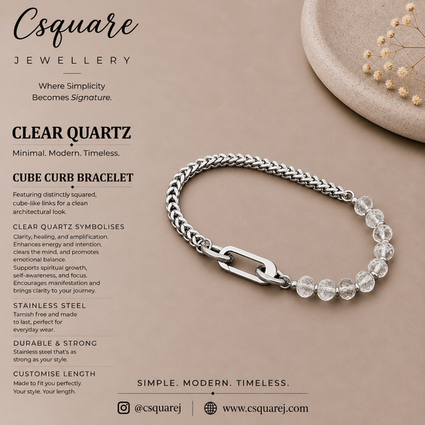 Handcrafted Statement Stainless steel bracelet - 6mm clear quartz bracelet, Half half bracelet, Cube curb bracelet