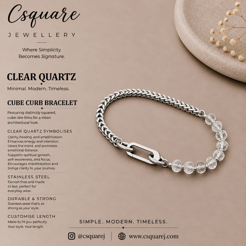 Handcrafted Statement Stainless steel bracelet - 6mm clear quartz bracelet, Half half bracelet, Cube curb bracelet