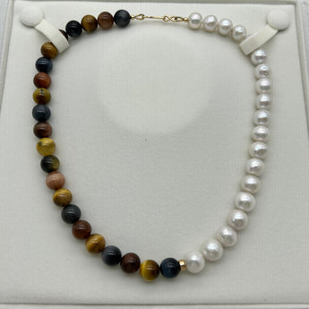 Handcrafted Asymmetric necklace, beaded necklace - Tiger eye and Pearls necklace