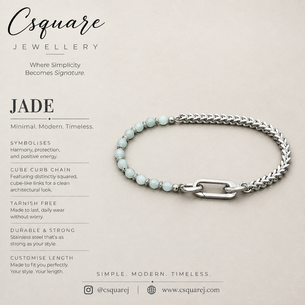 Handcrafted Statement Stainless steel bracelet - Blue Jade bracelet, Half half bracelet, Cube curb bracelet