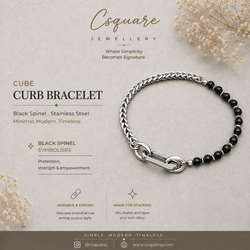 Handcrafted Statement Stainless steel bracelet - 3.5-4mm black spinel bracelet, Half half bracelet, Cube curb bracelet