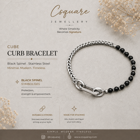 Handcrafted Statement Stainless steel bracelet - 3.5-4mm black spinel bracelet, Half half bracelet, Cube curb bracelet