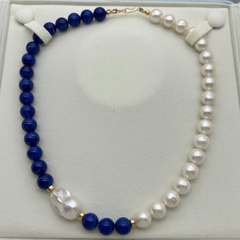 Handcrafted Asymmetric necklace, beaded necklace - Lapis Lazuli and Pearls necklace