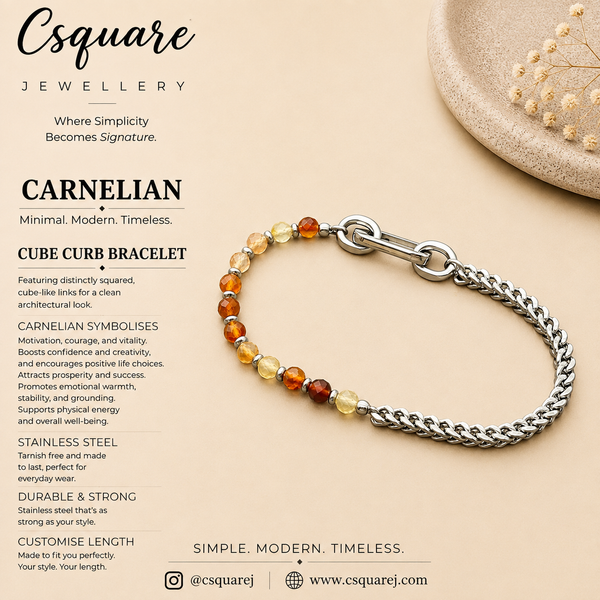 Handcrafted Statement Stainless steel bracelet - 4mm carnelian bracelet, Half half bracelet, Cube curb bracelet