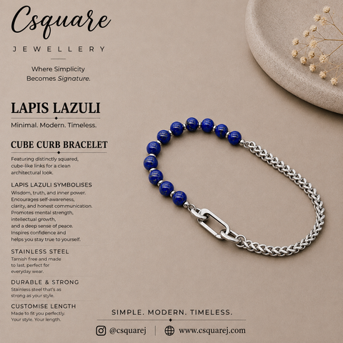 Handcrafted Statement Stainless steel bracelet - 5.5mm Lapis lazuli bracelet, Half half bracelet, Cube curb bracelet