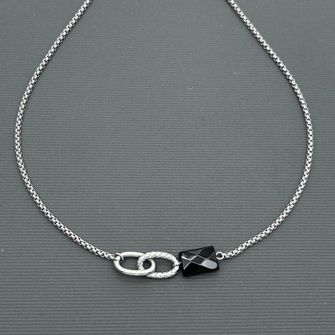 Stainless steel necklace - Rectangle Black Agate