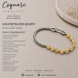 Handcrafted Statement Stainless steel bracelet -6mm Gold rutilated quartz bracelet, Cube curb bracelet, half half bracelet