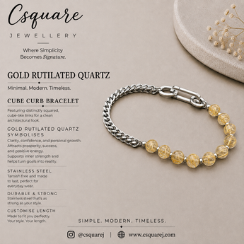 Handcrafted Statement Stainless steel bracelet -6mm Gold rutilated quartz bracelet, Cube curb bracelet, half half bracelet