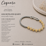 Handcrafted Statement Stainless steel bracelet -6mm Gold rutilated quartz bracelet, Cube curb bracelet, half half bracelet