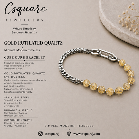 Handcrafted Statement Stainless steel bracelet -6mm Gold rutilated quartz bracelet, Cube curb bracelet, half half bracelet