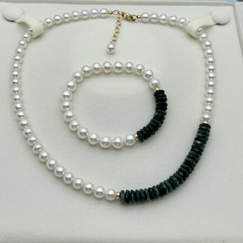 Handcrafted 14k Gold Filled - Jade,  Freshwater Pearl Necklace, Stretchy / Elastic Bracelet, one of the kind