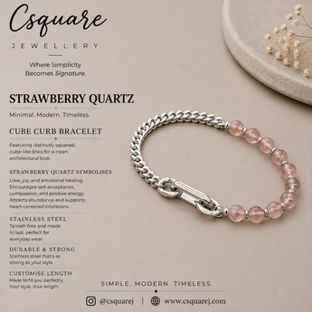 Handcrafted Statement Stainless steel bracelet - 5mm Strawberry quartz bracelet, Half half bracelet, Cube curb bracelet