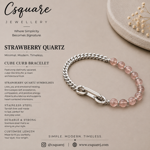 Handcrafted Statement Stainless steel bracelet - 5mm Strawberry quartz bracelet, Half half bracelet, Cube curb bracelet